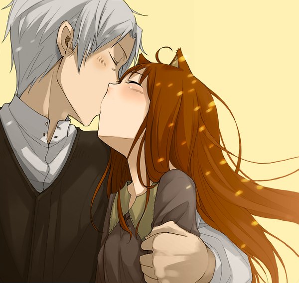 Anime picture 1618x1536 with spice and wolf horo craft lawrence ayakura juu long hair blush fringe short hair simple background hair between eyes brown hair animal ears payot upper body ahoge eyes closed long sleeves head tilt profile grey hair