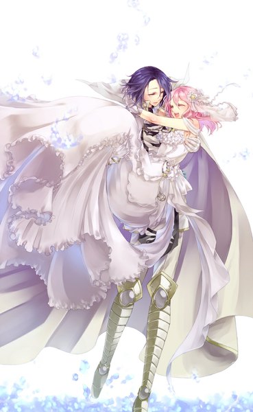 Anime picture 700x1137 with kirby (series) kirby meta knight monosakura (artist) long hair tall image simple background white background holding pink hair purple hair eyes closed couple hug happy face to face carrying wedding princess carry girl