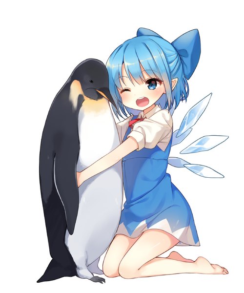 Anime picture 800x961 with touhou cirno shnva single tall image blush fringe short hair open mouth blue eyes blue hair barefoot bare legs puffy sleeves legs hug kneeling happy cute girl