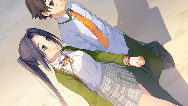 Anime picture 1280x720 with ima sugu onii-chan ni imouto da tte iitai! shigemori mao akinashi yuu long hair short hair black hair wide image brown eyes green eyes game cg ponytail couple girl boy skirt uniform school uniform miniskirt shirt necktie