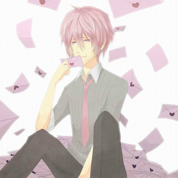 Anime picture 1024x1024 with vocaloid vy2 66 (roro) tagme (artist) single highres short hair smile pink hair pink eyes boy shirt necktie love letter