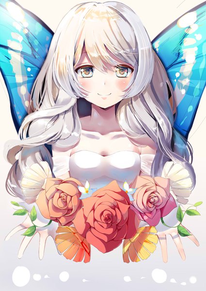 Anime picture 1000x1412 with original kouyafu single long hair tall image looking at viewer blush fringe breasts blue eyes smile hair between eyes cleavage upper body silver eyes insect wings butterfly wings girl flower (flowers) wings