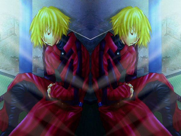 Anime picture 1024x768 with samurai 7 gonzo kyuzo fringe blonde hair eyes closed hair over one eye reflection sleeping boy cloak