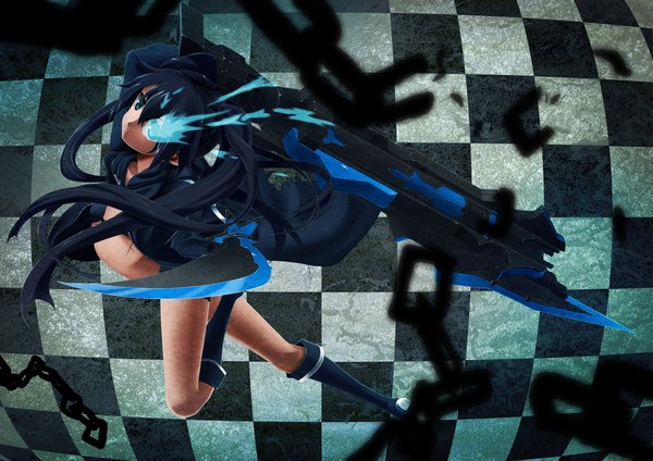 Anime picture 2338x1653 with black rock shooter black rock shooter (character) single long hair highres blue eyes black hair twintails glowing glowing eye (eyes) checkered background girl weapon sword shorts boots katana chain bikini top