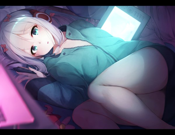 Anime picture 1637x1268 with eromanga sensei a-1 pictures izumi sagiri waterdog single long hair looking at viewer blush fringe blue eyes light erotic silver hair bent knee (knees) lying parted lips letterboxed girl bow hair bow headphones