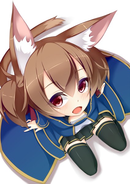 Anime picture 1061x1500 with sword art online a-1 pictures silica jougen long hair tall image looking at viewer blush open mouth red eyes brown hair animal ears girl thighhighs skirt black thighhighs