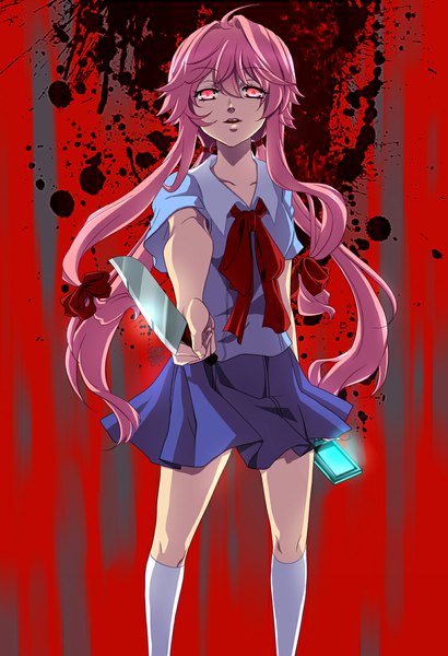 Anime picture 800x1169 with mirai nikki gasai yuno lucidsky single long hair tall image looking at viewer fringe breasts standing holding pink hair lips glowing glowing eye (eyes) red background girl skirt uniform hair ornament