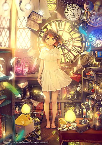 Anime picture 900x1273 with muta yan xi yohan12 single tall image looking at viewer fringe short hair brown hair standing brown eyes full body indoors parted lips barefoot wind sunlight blurry inscription bare legs