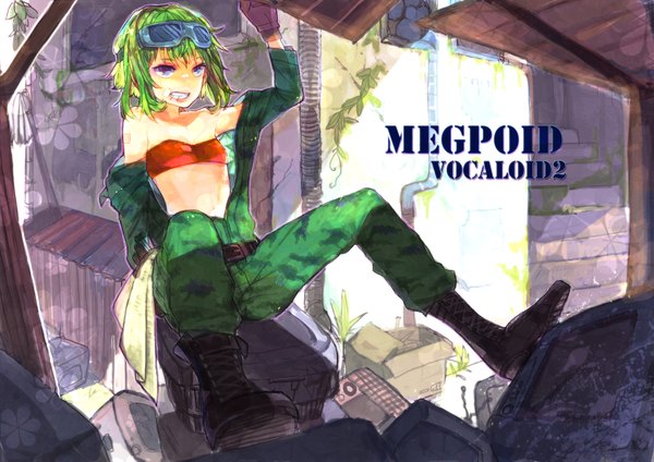 Anime picture 2000x1414 with vocaloid gumi sono (pixiv) single highres blue eyes light erotic bare shoulders green hair off shoulder mouth hold clenched teeth girl gloves glasses boots belt goggles tubetop overalls
