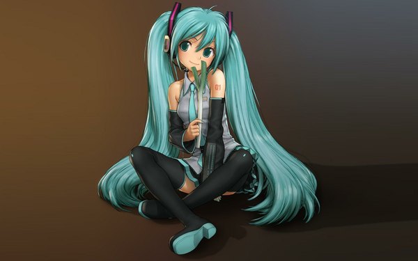 Anime picture 1920x1200 with vocaloid hatsune miku single long hair blush highres smile wide image sitting twintails bare shoulders aqua eyes light smile aqua hair tattoo crossed legs girl thighhighs black thighhighs detached sleeves