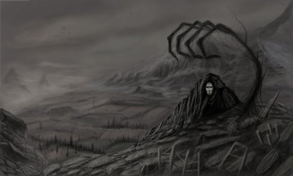 Anime picture 1200x720 with original adoc (artist) wide image monochrome mountain landscape field skull spider web