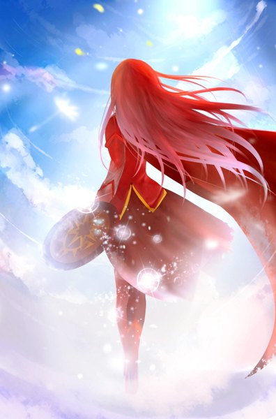 Anime picture 1980x3000 with original pixiv fantasia pixiv fantasia fallen kings yuuko single long hair tall image highres standing sky cloud (clouds) outdoors red hair multicolored hair wind from behind sunlight gradient background reflection gradient hair