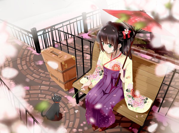 Anime picture 1650x1229 with original gotyou single long hair fringe black hair sitting holding green eyes payot full body traditional clothes japanese clothes revision girl animal petals umbrella cat oriental umbrella