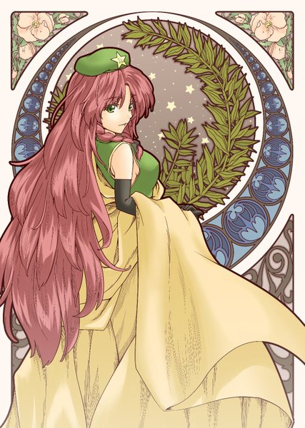 Anime picture 1081x1518 with touhou hong meiling caesar et cleopatra (abo) single long hair tall image looking at viewer green eyes red hair braid (braids) girl gloves flower (flowers) plant (plants) elbow gloves peaked cap robe