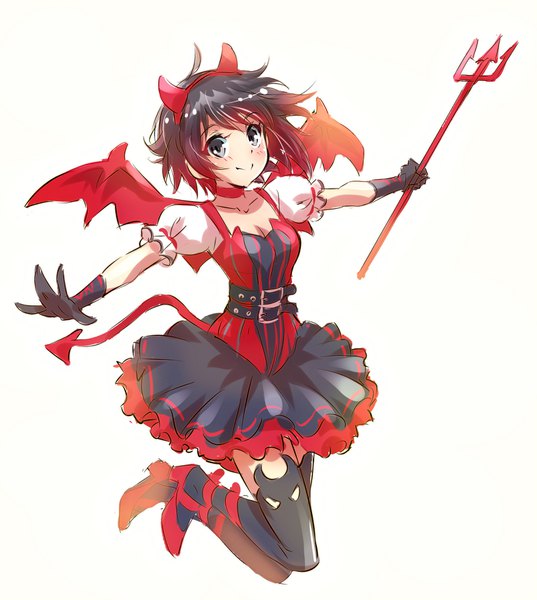 Anime picture 1600x1788 with rwby rooster teeth ruby rose iesupa single tall image looking at viewer short hair black hair simple background smile white background full body red hair tail horn (horns) short sleeves grey eyes high heels puffy sleeves