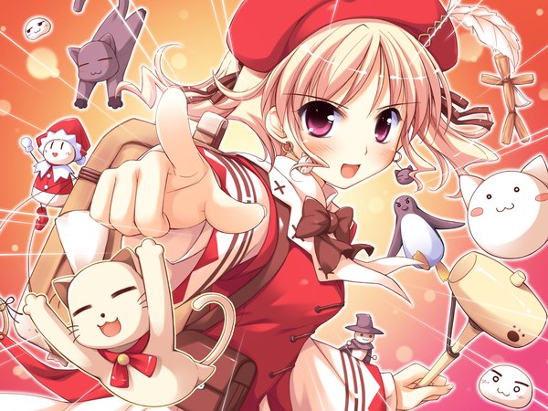 Anime picture 1600x1200 with shukufuku no campanella agnes boulange ko~cha blush short hair blonde hair game cg pink eyes dress ribbon (ribbons) hat cat