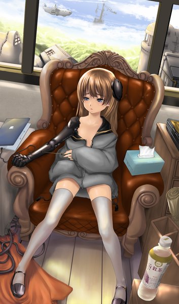 Anime picture 1240x2104 with original realmbw single long hair tall image highres blue eyes brown hair sitting mechanical parts girl thighhighs white thighhighs armchair