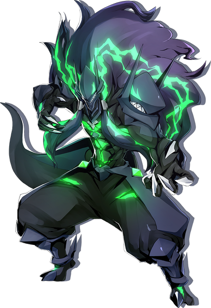Anime picture 888x1294 with blazblue blazblue: central fiction arc system works susanoo (blazblue) single long hair tall image looking at viewer black hair standing full body tail official art teeth transparent background muscle fighting stance spoilers aura boy