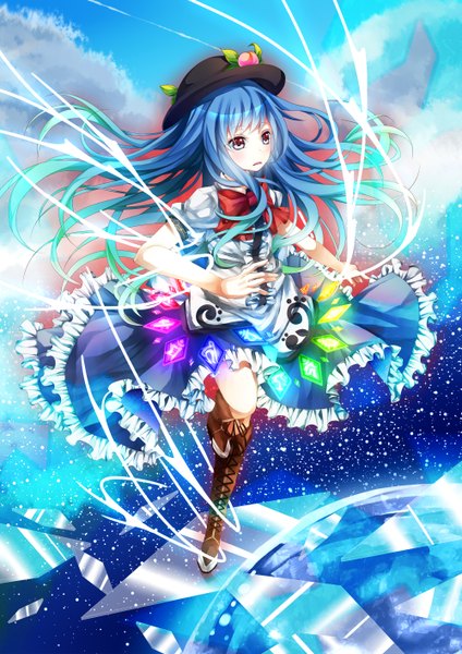 Anime picture 1000x1414 with touhou hinanawi tenshi dougen single long hair tall image blush fringe red eyes standing payot blue hair looking away sky cloud (clouds) bent knee (knees) parted lips aqua hair puffy sleeves magic