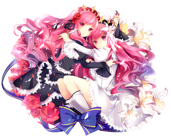 Anime picture 1472x1207 with sound voltex rasis homaderi long hair looking at viewer blush simple background smile white background multiple girls pink hair long sleeves pink eyes hair flower hug drill hair wavy hair glow girl dress