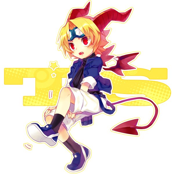 Anime picture 1400x1400 with original renta (deja-vu) short hair open mouth simple background blonde hair red eyes white background horn (horns) demon tail demon wings boy socks shorts black socks goggles sneakers white shorts