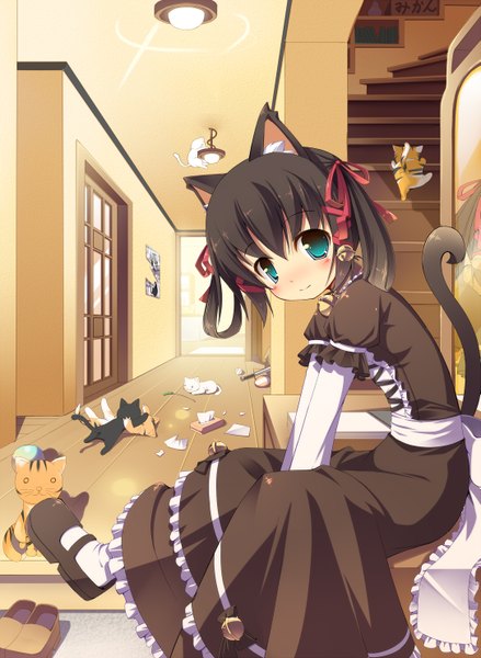 Anime picture 1085x1482 with original masaki (machisora) tall image looking at viewer blush short hair black hair smile sitting twintails green eyes animal ears cat ears cat tail bell collar baseball girl dress ribbon (ribbons) hair ribbon