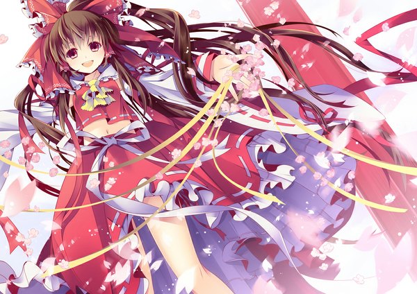 Anime picture 1000x707 with touhou hakurei reimu aya003030 single long hair looking at viewer open mouth black hair red eyes miko girl skirt flower (flowers) ribbon (ribbons) bow hair bow petals skirt set