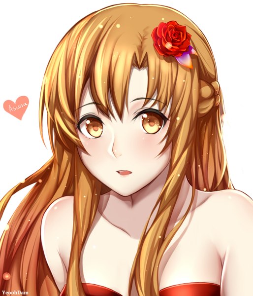 Anime picture 1200x1400 with sword art online a-1 pictures yuuki asuna yeoohdam single long hair tall image looking at viewer blush fringe breasts light erotic simple background hair between eyes brown hair large breasts white background bare shoulders signed yellow eyes