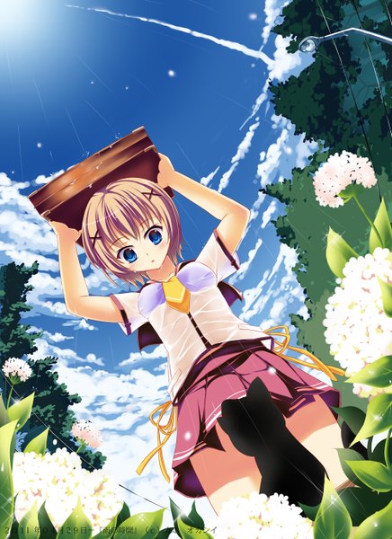 Anime picture 1000x1376 with original qpixiquarterly pixiv 5 freev5 kaho okashii single tall image blush short hair blue eyes brown hair sky cloud (clouds) pleated skirt sunlight from below girl uniform hair ornament flower (flowers) plant (plants) school uniform