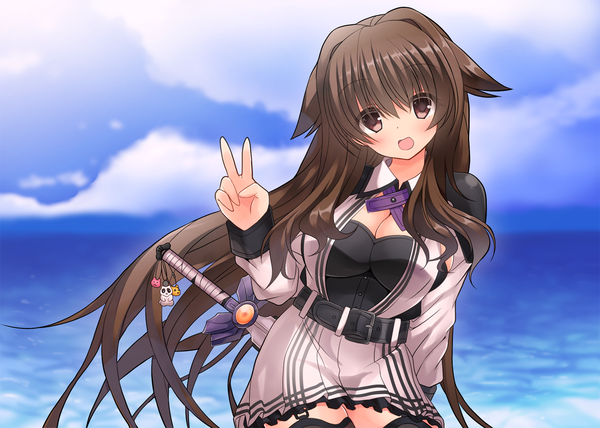Anime picture 1233x881 with original byakuya mika single long hair looking at viewer blush open mouth brown hair brown eyes sky cloud (clouds) victory girl dress weapon sword trinket