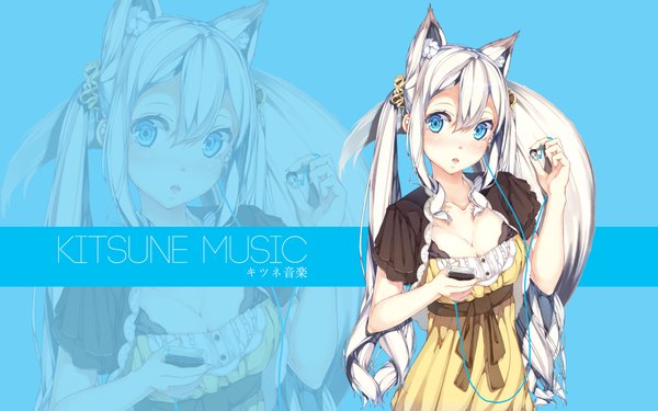 Anime picture 1920x1200 with original assassinwarrior shirohina single long hair looking at viewer blush highres blue eyes twintails animal ears silver hair tail animal tail cat ears cat girl wallpaper fox ears fox tail zoom layer