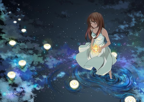 Anime picture 1800x1272 with original semei single long hair highres brown hair standing holding sky eyes closed light smile night sky reflection space girl dress flower (flowers) water white dress star (stars)