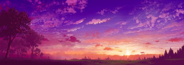 Anime picture 2000x704 with original 108 highres wide image sky cloud (clouds) evening sunset landscape plant (plants) tree (trees) forest