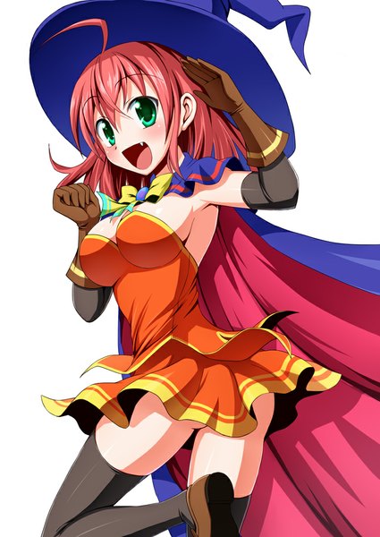 Anime picture 708x1000 with magical halloween alice wishheart bucchake (asami) single tall image looking at viewer blush short hair breasts open mouth simple background white background green eyes pink hair ahoge teeth fang (fangs) witch girl thighhighs