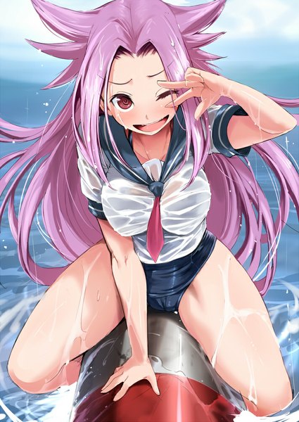 Anime picture 709x1001 with kantai collection junyou light aircraft carrier jun'you (kantai collection) ario single long hair tall image looking at viewer blush breasts open mouth light erotic smile red eyes sitting pink hair one eye closed wink happy wet clothes