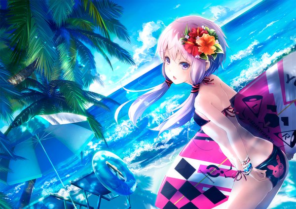 Anime picture 1414x1000 with vocaloid voiceroid yuzuki yukari ajigo single long hair blush fringe open mouth light erotic purple eyes twintails sky purple hair cloud (clouds) looking back hair flower dutch angle beach low twintails