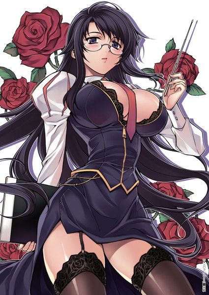 Anime picture 1218x1720 with unbalance unbalance hae-young na soo-hyon lee single long hair tall image blush breasts light erotic black hair large breasts purple eyes teacher girl thighhighs flower (flowers) black thighhighs glasses necktie rose (roses)