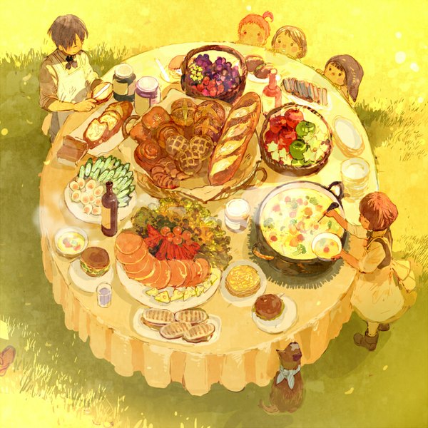 Anime picture 800x800 with original pon-marsh short hair black hair blonde hair brown hair standing sitting ahoge from above sunlight sunbeam steam girl boy plant (plants) animal food grass table