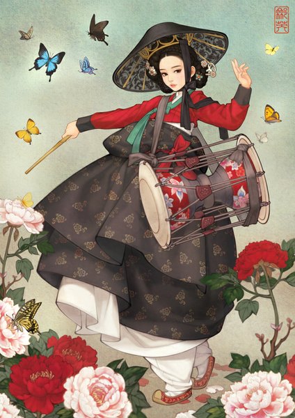Anime picture 621x878 with original obsidian single tall image short hair black hair brown eyes sky traditional clothes black eyes spread arms korean clothes girl flower (flowers) hat insect butterfly drum drumsticks hanbok