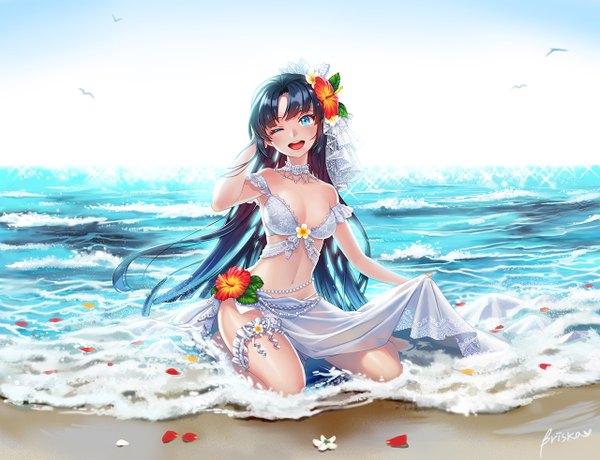 Anime picture 1280x982 with original briska single looking at viewer blush breasts open mouth blue eyes light erotic black hair very long hair one eye closed hair flower wink girl navel flower (flowers) swimsuit bikini petals