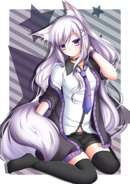 Anime picture 1000x1414 with original shitou single long hair tall image looking at viewer sitting purple eyes animal ears white hair animal tail open clothes open jacket border wariza striped background girl thighhighs hair ornament black thighhighs