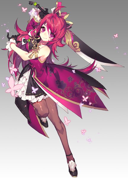 Anime picture 700x971 with elsword elesis (elsword) pika (kai9464) single long hair tall image looking at viewer fringe smile standing bare shoulders holding pink hair ahoge bent knee (knees) pink eyes gradient background standing on one leg leg lift (legs lift) fighting stance