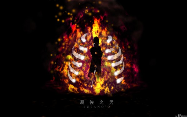 Anime picture 1920x1200 with naruto studio pierrot naruto (series) uchiha sasuke highres wide image black background silhouette bone (bones) boy weapon fire susanoo (naruto)