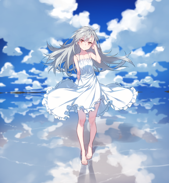 Anime picture 2500x2705 with closers tina (closers) supernew single long hair tall image looking at viewer highres smile red eyes standing bare shoulders sky cloud (clouds) full body ahoge head tilt barefoot wind grey hair