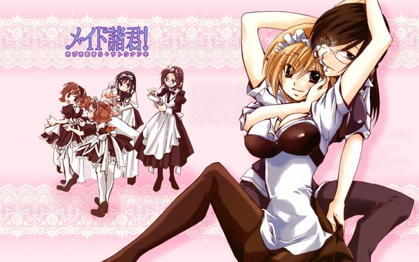 Anime picture 1920x1200 with maid shokun! (manga) highres light erotic black hair blonde hair brown hair wide image multiple girls maid 6+ girls 6 girls girl glasses headdress maid headdress apron