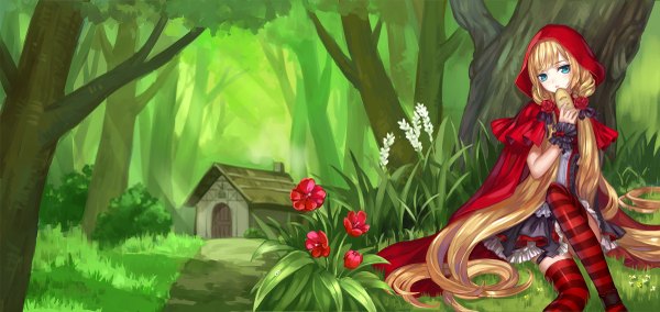 Anime picture 1200x569 with little red riding hood little red riding hood (character) monogo single looking at viewer fringe open mouth blue eyes blonde hair wide image sitting twintails bent knee (knees) very long hair girl thighhighs dress flower (flowers) plant (plants) tree (trees)