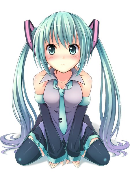 Anime picture 768x1024 with vocaloid hatsune miku ichiroku nyankichi single tall image looking at viewer blush simple background white background twintails very long hair aqua eyes aqua hair girl detached sleeves necktie