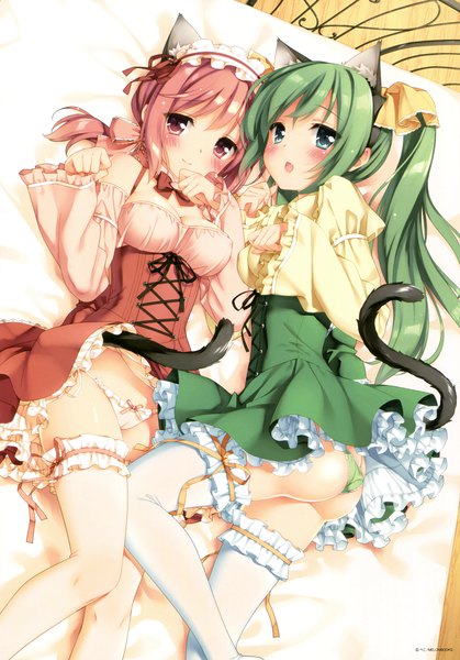 Anime picture 2652x3800 with melonbooks kani biimu long hair tall image blush highres open mouth blue eyes light erotic twintails multiple girls animal ears pink hair tail animal tail pink eyes green hair cat ears scan official art