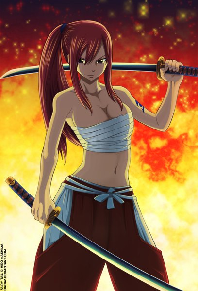 Anime picture 1564x2298 with fairy tail erza scarlet ornav single long hair tall image breasts light erotic brown hair brown eyes ponytail midriff tattoo coloring girl navel sword katana bandage (bandages) fire