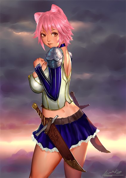 Anime picture 635x900 with original ariver kao single tall image looking at viewer fringe short hair breasts light erotic hair between eyes large breasts brown eyes signed animal ears payot pink hair sky cloud (clouds) pleated skirt cat ears